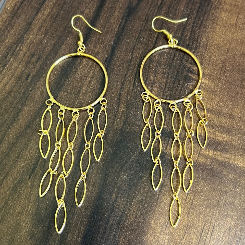 Gold Tone Large Open Circle with Open Link Dangle Earrings